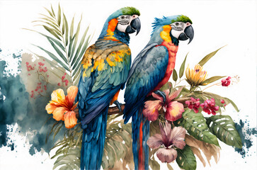 Tropical rain forest with parrots macaw illustration in watercolor 