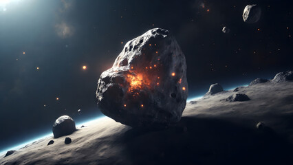 Asteroids with fiery red-orange spots on the surface rest on the surface of an outer planet. Ideal...