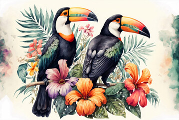 Naklejka premium Tropical rainforest with toucan bird with palm leaves and flowers watercolor painting