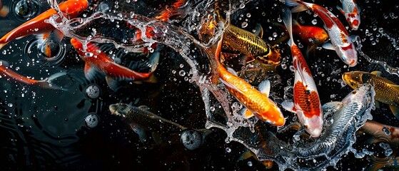 A bunch of ripe FISH, with water droplets, falling into a deep black water tank, creating a colorful contrast and intricate splash patterns - Powered by Adobe