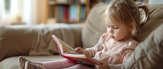 A cute little white Caucasian girl sits on a sofa, deeply engrossed in reading a colorful childrens picture book - obrazy, fototapety, plakaty