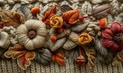 Abstract knitted background, autumn knitted leaves close-up.