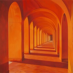 Arched hallway in sunset orange, repeating patterns, strong linear perspective