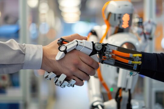 A visual concept of a handshake between a human and a robot in a research lab represents teamwork for success. 