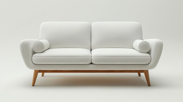 This is a front view of a modern sofa with white fabric isolated on a white background