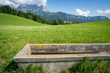 Heile Bergwelt - Steintrog für die Viehtränke auf einer grünen Alm im Hochgebirge der Alpen. - 784647973