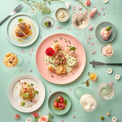 Classic French food elegantly displayed, top view, pastel color palette