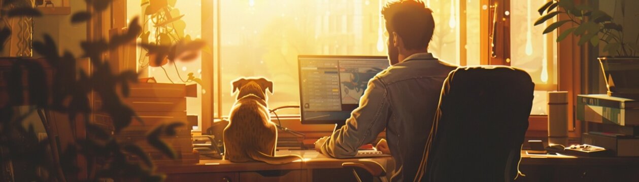 Cozy home office scene, warm tones, man and dog, soft backlighting