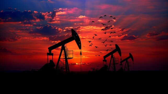 Silhouette of Oil Pumps at Sunset.