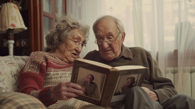 Elderly couple with photo album, intimate side angle, soft white room light