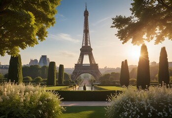Paris Eiffel Tower and Trocadero garden at sunset in Paris, France
