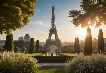 Fotobehang Paris Eiffel Tower and Trocadero garden at sunset in Paris, France © Royalty-Free
