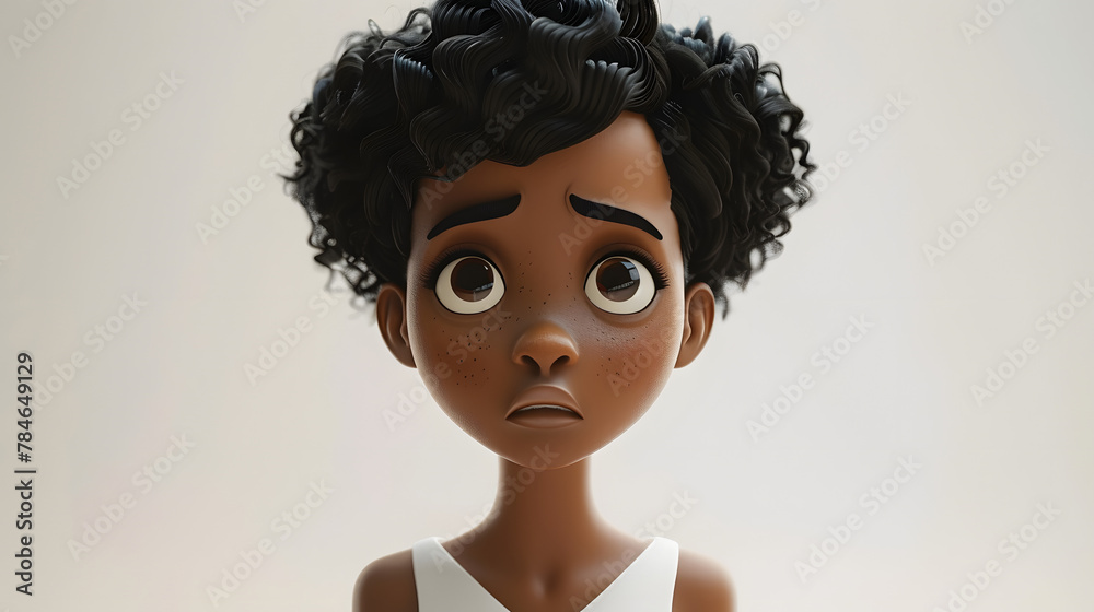 Wall mural Sad stressed upset African cartoon character young woman female girl person wearing white top in 3d style design on light background. Human people feelings expression concept - Wall murals
