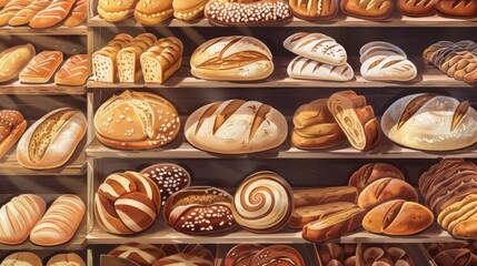 Different type of bread bakery grocery on supermarket shelves wallpaper background - obrazy, fototapety, plakaty