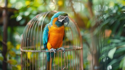 A parrot in a cage. A beautiful, colorful bird in a cage. Poultry.