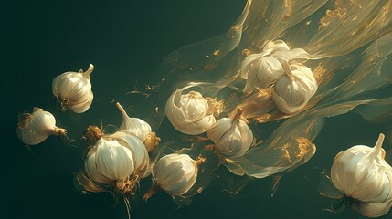 Garlic floating in midair against a vertical gradient backdrop.