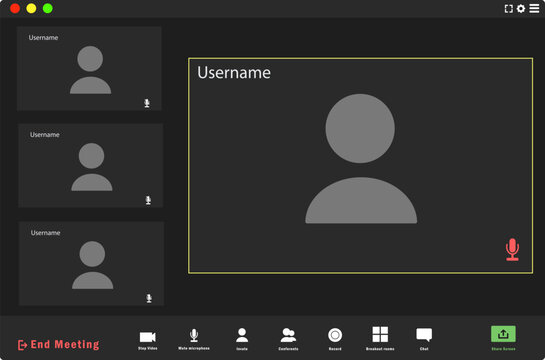 Template video conference user interface, video conference calls window overlay. Video conference user interface. Four users. Application for social communication.