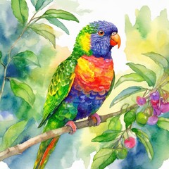 Papuga na gałęzi ilustracja - obrazy, fototapety, plakaty