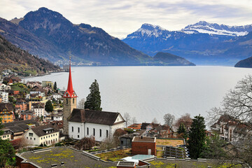 View of the beautiful town of Weggis and Lake Lucerne. Swiss Alps, Switzerland, Europe.