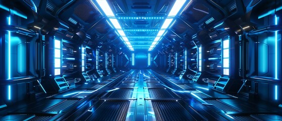 Scifi spaceship corridor, blue lighting, vanishing point perspective, high detail - obrazy, fototapety, plakaty