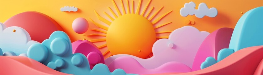sun, background, 3D render clay style, Abstract geometric shape theme, colorful