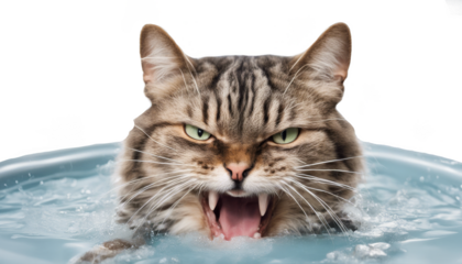 Wet cat is sitting in a bathtub and looks very angry isolate on transparent background, cutout, png