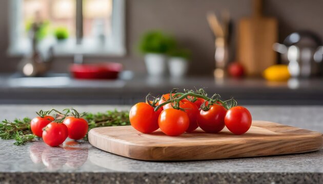A selection of fresh vegetable: cherry tomatoes, sitting on a chopping board against blurred kitchen background; copy space