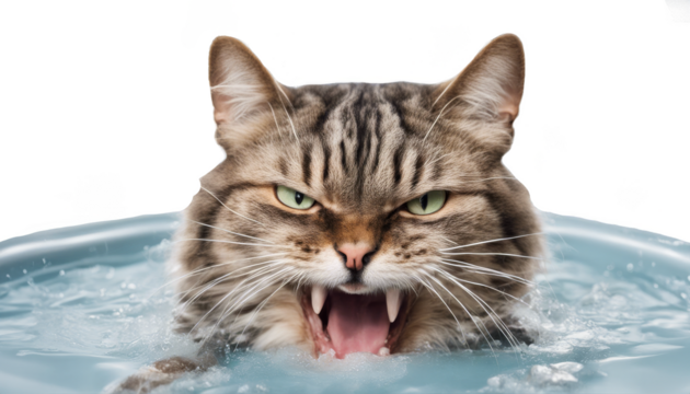 Wet cat is sitting in a bathtub and looks very angry isolate on transparent background, cutout, png