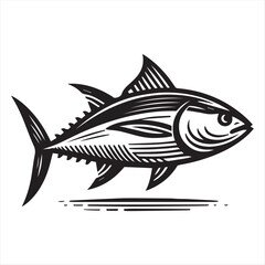 Fresh tuna fish silhouette for food market and seafood restaurant hand drawn stamp effect vector illustration. Vintage grunge texture emblem for package and menu design or label decoration.