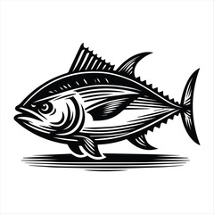 Fresh tuna fish silhouette for food market and seafood restaurant hand drawn stamp effect vector illustration. Vintage grunge texture emblem for package and menu design or label decoration.