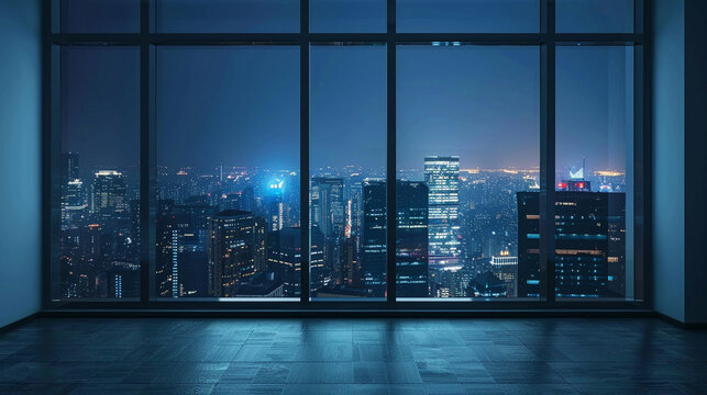 empty office looking out over city at night