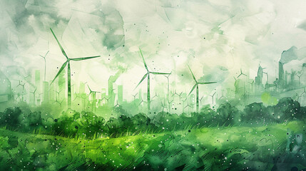 wind turbines in the field illustration  - obrazy, fototapety, plakaty