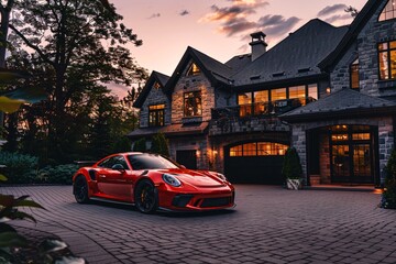 A vibrant red sports car is parked in front of a residential house, showcasing sleek design and...