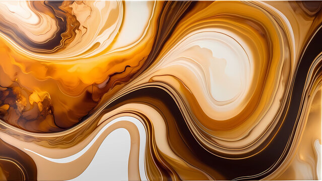 Opulencia Org&aacute;nica en Ondas Transl&uacute;cidas. Elaborado en un Remolino Achocolatado, L&iacute;quido y con Textura Cremosa. Leche Dorada en Espiral, Caf&eacute; Liso. Abstracci&oacute;n en Color, ilustraci&oacute;n Art&iacute;stica de Olas 