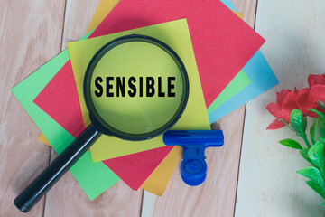 Sensible word on colorful adhesive paper with magnifying glass.