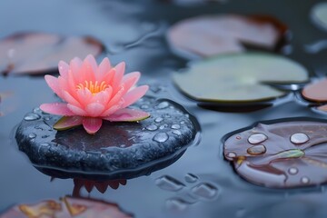 Beautiful pink water lily flower on top of black round stone in calm lake with lotus leaves and raindrops. Ai generated