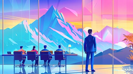 A person stands contemplating a vibrant, futuristic office space with a panoramic view of mountains