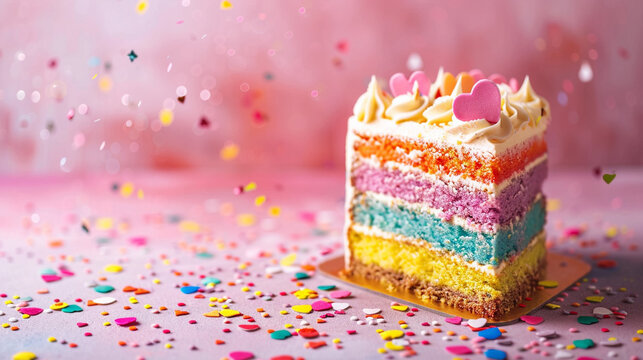 layered birthday cake on pink background 