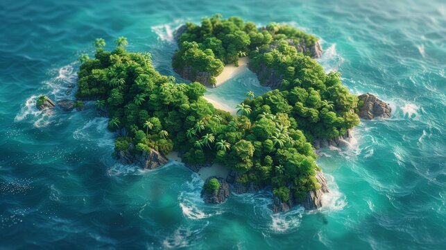 Secluded Tropical Paradise: A Verdant Island Oasis in the Open Sea Generative AI