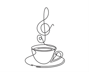 Continuous one line drawing of Cup of coffee with musical notes. Music cafe concept.	