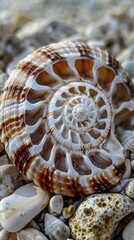 Close-up of the pattern on a seashell on the beach