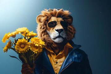 Anthropomorphic hyperrealistic cyberpunk lion animal character wearing sunglasses holding bouquet of yellow flowers on minimal blue background. 