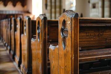 wooden church seating close up