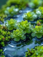 Vibrant Macro Moss Landscape with Blue Sky and Water Generative AI