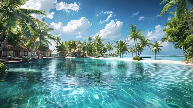 Tropical Resort Depict a tropical resort as a wedding venue, with lush palm trees, crystalclear waters, and luxurious amenities creating a serene and exotic backdrop for a destination wedding in parad