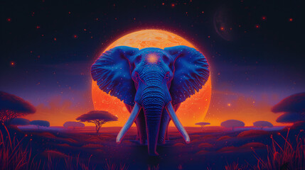 psychedelic illustration of african elephant walking through the savannah with moon or planet behind, blue and orange colors