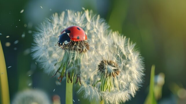 Detailed image of a ladybug on a dandelion