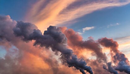 A large, dark smoke plume rises against a sunset sky, highlighting environmental concerns.