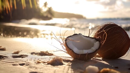Tropical Escape: Coconut on Sun-Kissed Shores - obrazy, fototapety, plakaty