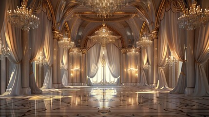 Glamorous Ballroom  a wedding background in a glamorous ballroom, with crystal chandeliers, grand archways, and elegant drapery creating a luxurious and opulent atmosphere for a formal affair